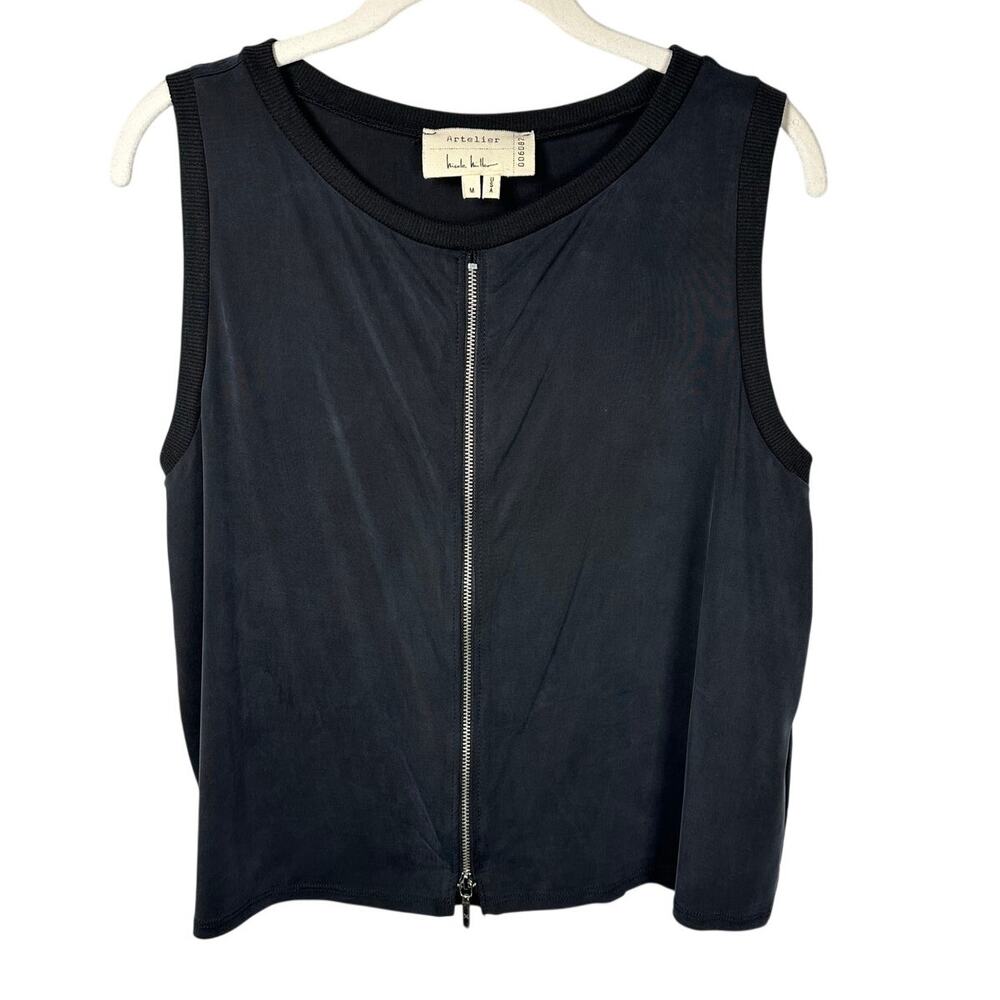 Nicole Miller Artelier Black Silk & Cotton Front Zip Blouse Women's Medium
